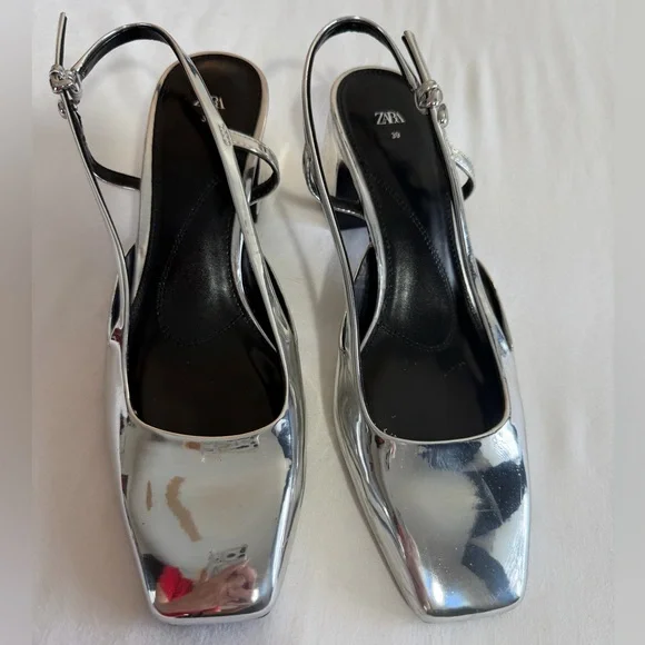 Zara Metallic Silver Slingback shoes heels size 8 Eur 39 - Picture 1 of 11